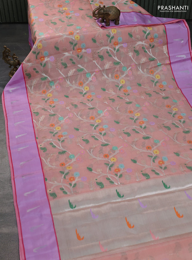 Cotton zari kota saree pale orange and lavender with allover silver & gold zari woven buttas and silver zari woven muniya butta border
