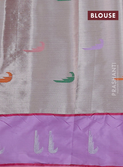 Cotton zari kota saree pale orange and lavender with allover silver & gold zari woven buttas and silver zari woven muniya butta border