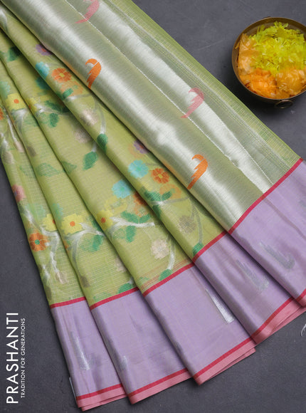 Cotton zari kota saree lime green and lavender with allover silver & gold zari woven buttas and silver zari woven muniya butta border