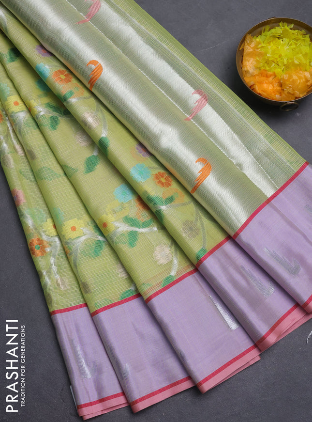 Cotton zari kota saree lime green and lavender with allover silver & gold zari woven buttas and silver zari woven muniya butta border