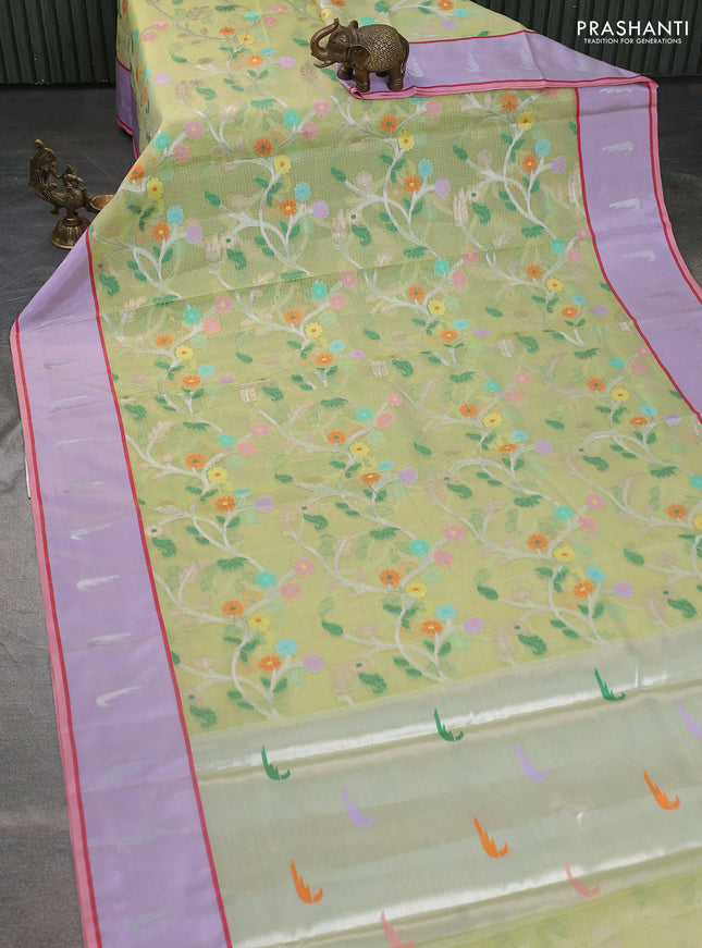 Cotton zari kota saree lime green and lavender with allover silver & gold zari woven buttas and silver zari woven muniya butta border