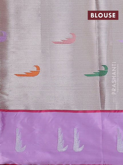 Cotton zari kota saree lime green and lavender with allover silver & gold zari woven buttas and silver zari woven muniya butta border