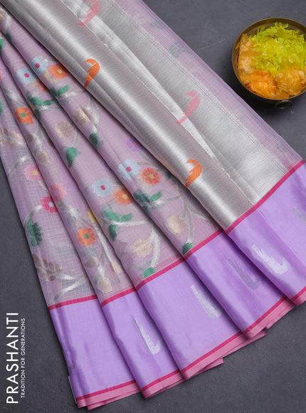 Cotton zari kota saree lavender and pastel pink with allover silver & gold zari woven buttas and silver zari woven muniya butta border