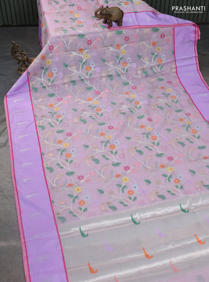 Cotton zari kota saree lavender and pastel pink with allover silver & gold zari woven buttas and silver zari woven muniya butta border