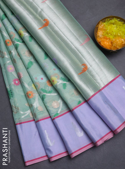 Cotton zari kota saree teal green and lavender with allover silver & gold zari woven buttas and silver zari woven muniya butta border