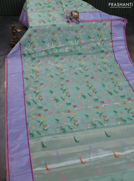 Cotton zari kota saree teal green and lavender with allover silver & gold zari woven buttas and silver zari woven muniya butta border