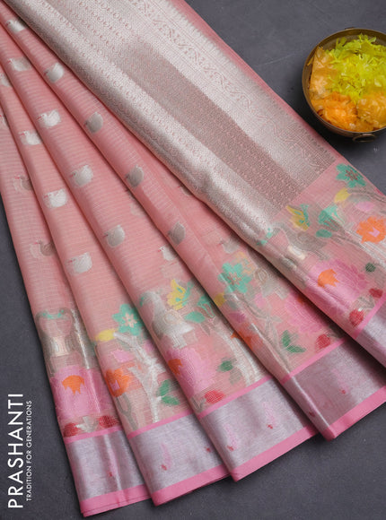 Cotton zari kota saree pale orange and peach pink with allover zari woven buttas and zari woven muniya butta border