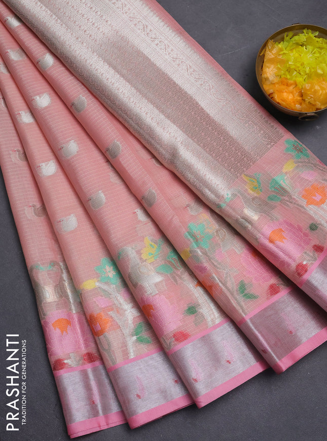 Cotton zari kota saree pale orange and peach pink with allover zari woven buttas and zari woven muniya butta border