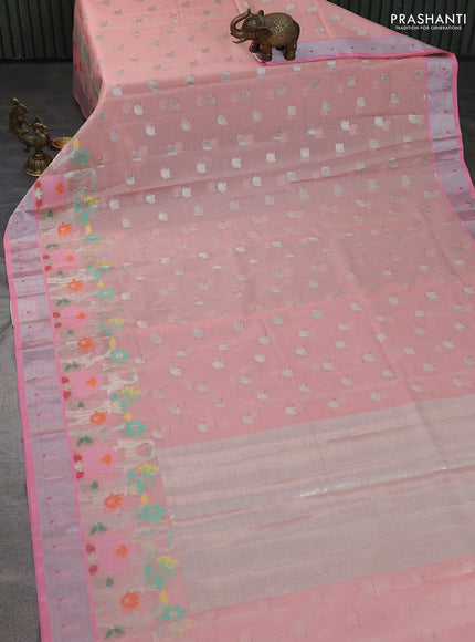 Cotton zari kota saree pale orange and peach pink with allover zari woven buttas and zari woven muniya butta border