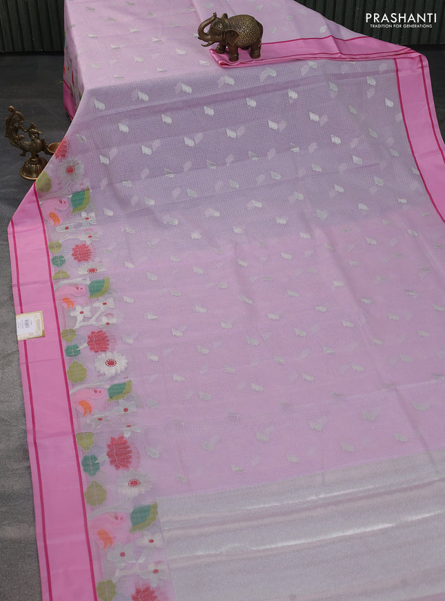 Cotton zari kota saree lavender and pink with allover silver zari woven buttas and thread & zari woven border