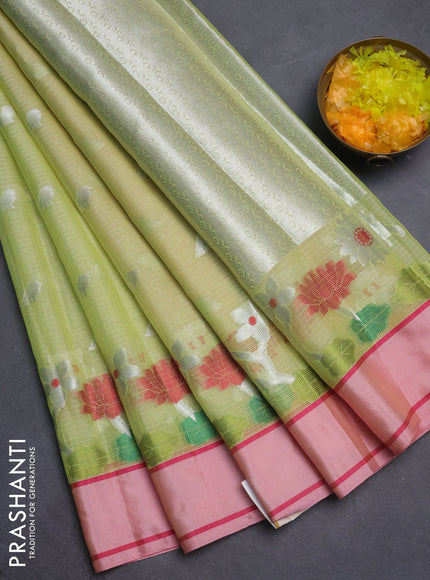Cotton zari kota saree pale orange and peach pink with allover silver zari woven buttas and thread & zari woven border