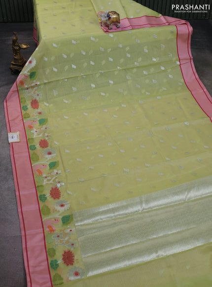 Cotton zari kota saree pale orange and peach pink with allover silver zari woven buttas and thread & zari woven border