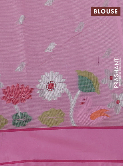 Cotton zari kota saree pale orange and peach pink with allover silver zari woven buttas and thread & zari woven border