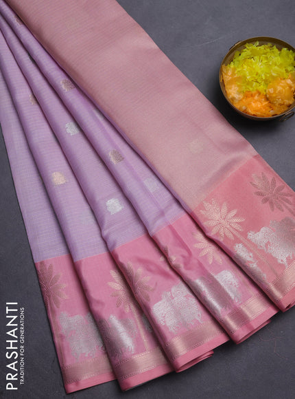 Cotton zari kota saree lavender and peach pink with silver & gold zari woven annam buttas and pichwai zari woven border