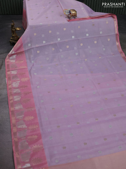 Cotton zari kota saree lavender and peach pink with silver & gold zari woven annam buttas and pichwai zari woven border