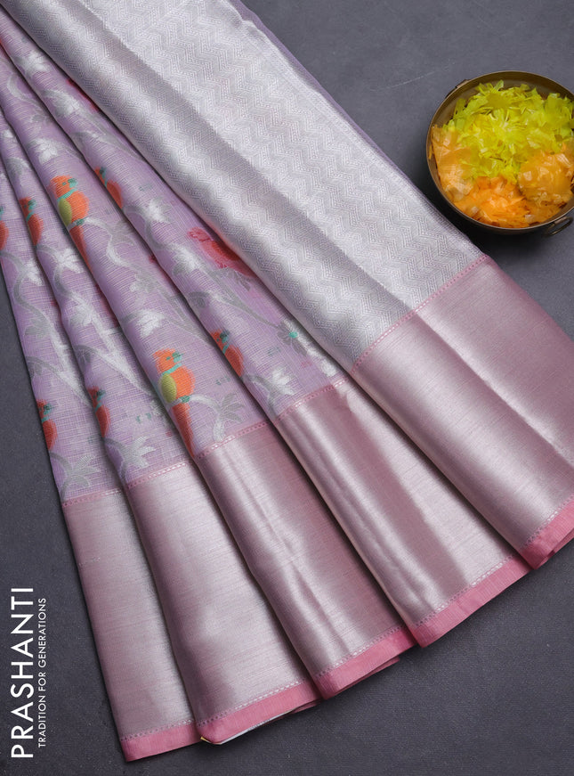 Cotton zari kota saree lavender and peach pink with allover thread & silver zari weaves and long silver zari woven border
