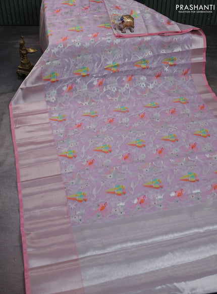 Cotton zari kota saree lavender and peach pink with allover thread & silver zari weaves and long silver zari woven border