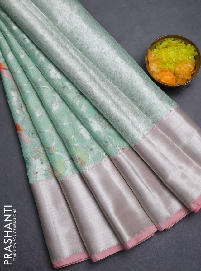 Cotton zari kota saree teal green shade and peach pink with allover thread & silver zari weaves and long silver zari woven border