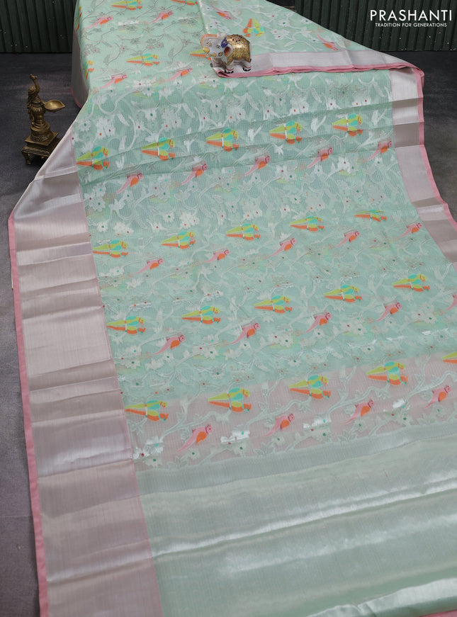 Cotton zari kota saree teal green shade and peach pink with allover thread & silver zari weaves and long silver zari woven border