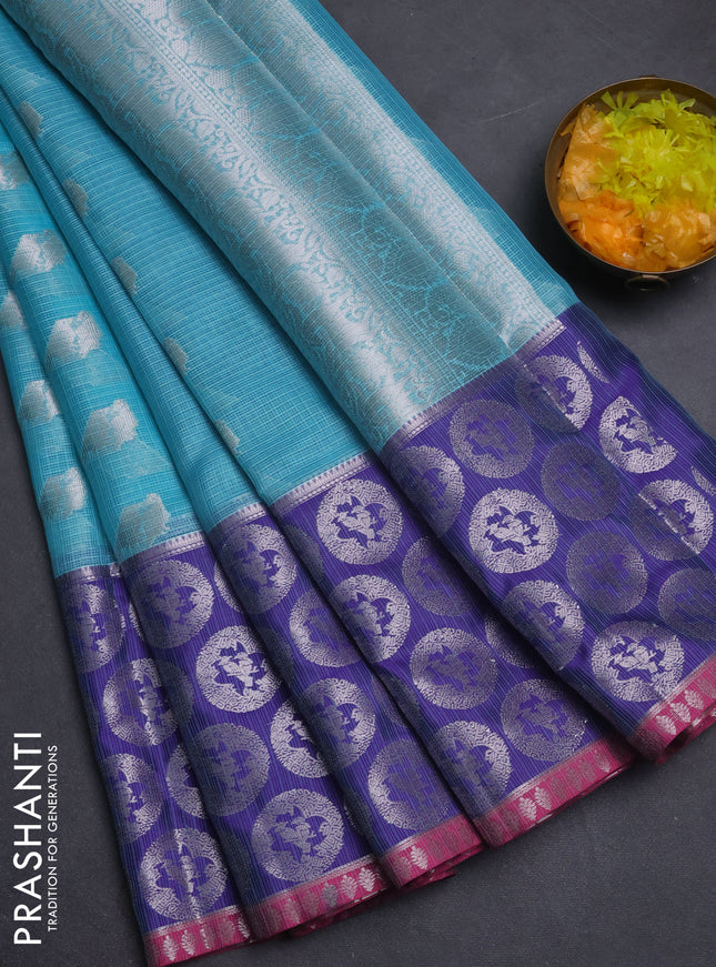 Cotton zari kota saree teal blue and blue with zari woven buttas and long zari woven butta border