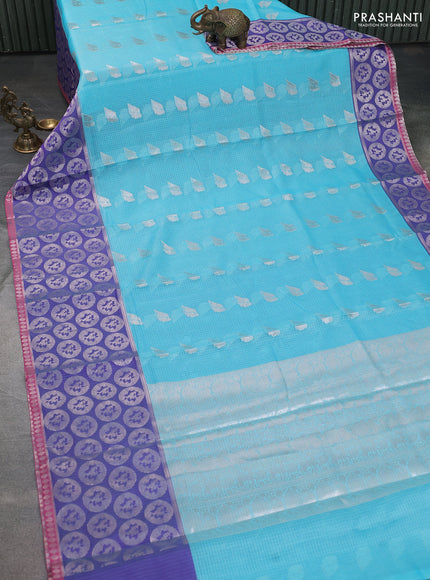 Cotton zari kota saree teal blue and blue with zari woven buttas and long zari woven butta border