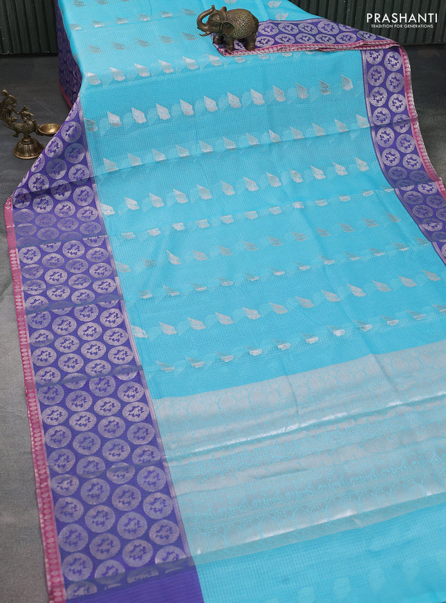 Cotton zari kota saree teal blue and blue with zari woven buttas and long zari woven butta border