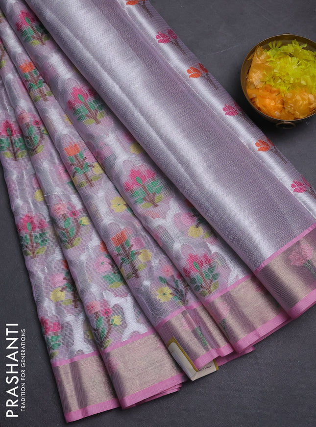 Cotton zari kota saree lavender and pastel pink with allover floral zari woven buttas and floral thread woven border