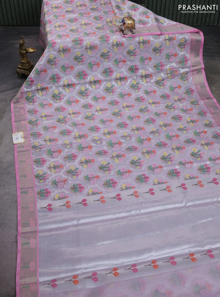 Cotton zari kota saree lavender and pastel pink with allover floral zari woven buttas and floral thread woven border