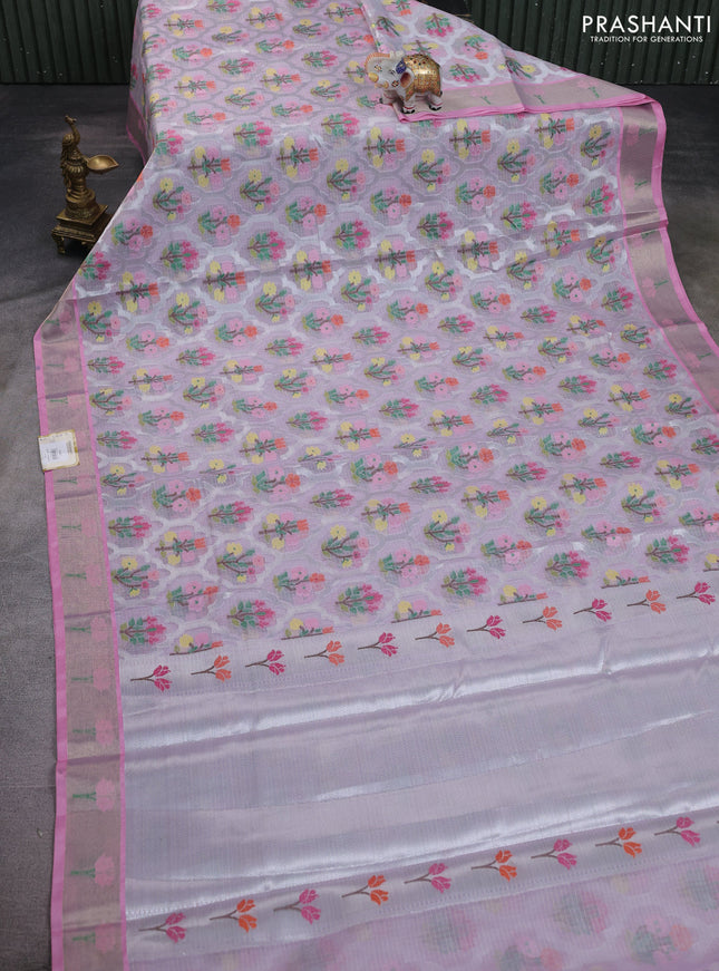 Cotton zari kota saree lavender and pastel pink with allover floral zari woven buttas and floral thread woven border
