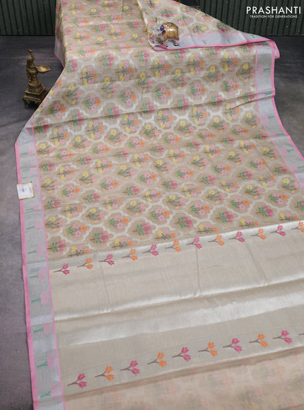 Cotton tissue zari kota saree beige and pastel pink with allover floral zari woven buttas and floral thread woven border