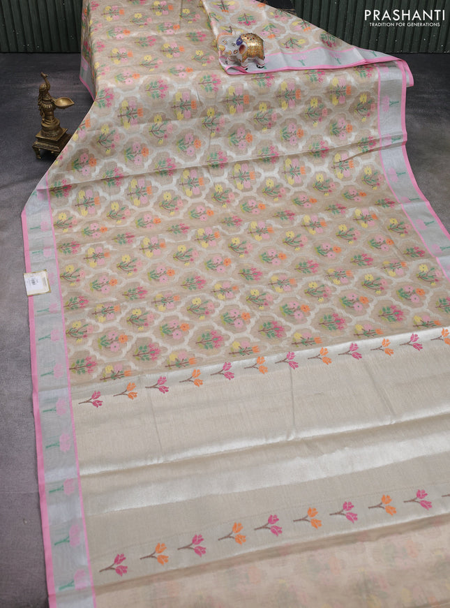 Cotton tissue zari kota saree beige and pastel pink with allover floral zari woven buttas and floral thread woven border