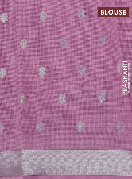 Cotton tissue zari kota saree green shade and pink with allover floral zari woven buttas and floral thread woven border