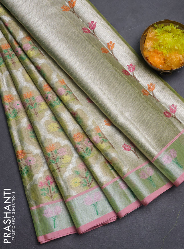 Cotton tissue zari kota saree light green and pink with allover floral zari woven buttas and floral thread woven border