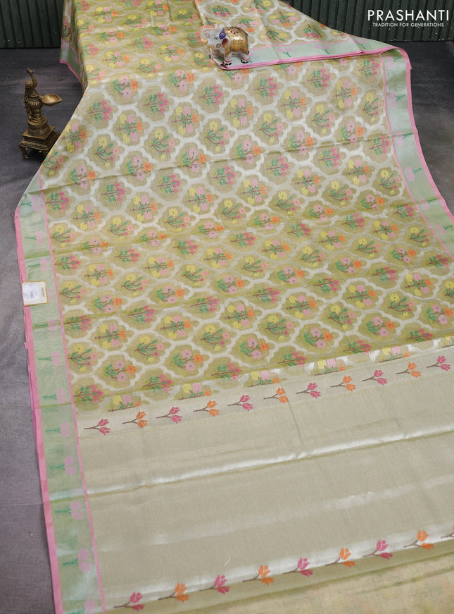 Cotton tissue zari kota saree light green and pink with allover floral zari woven buttas and floral thread woven border