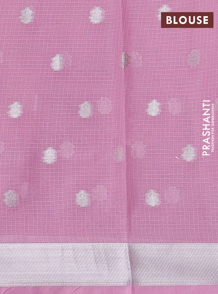 Cotton tissue zari kota saree light green and pink with allover floral zari woven buttas and floral thread woven border