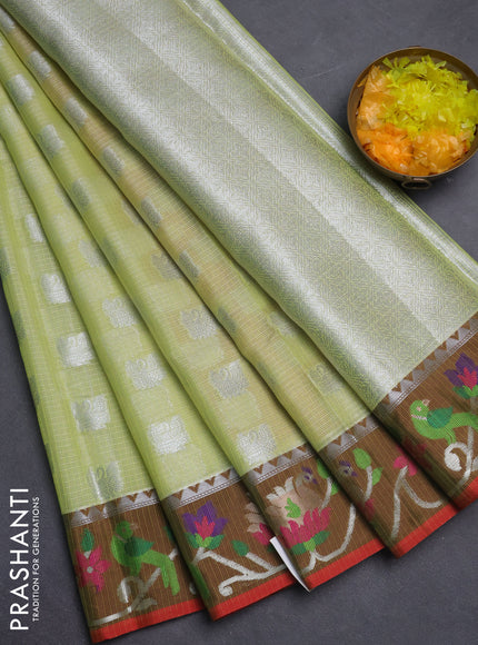 Cotton zari kota saree pista green and maroon with allover silver zari woven buttas and thread & zari woven border