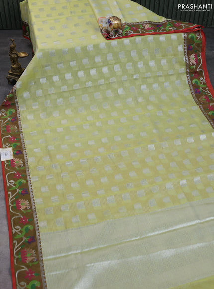 Cotton zari kota saree pista green and maroon with allover silver zari woven buttas and thread & zari woven border