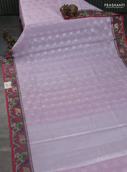 Cotton zari kota saree lavender and maroon with allover silver zari woven buttas and thread & zari woven border