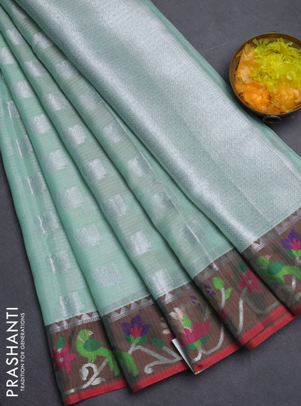Cotton zari kota saree teal green and maroon with allover silver zari woven buttas and thread & zari woven border