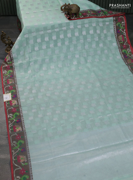 Cotton zari kota saree teal green and maroon with allover silver zari woven buttas and thread & zari woven border