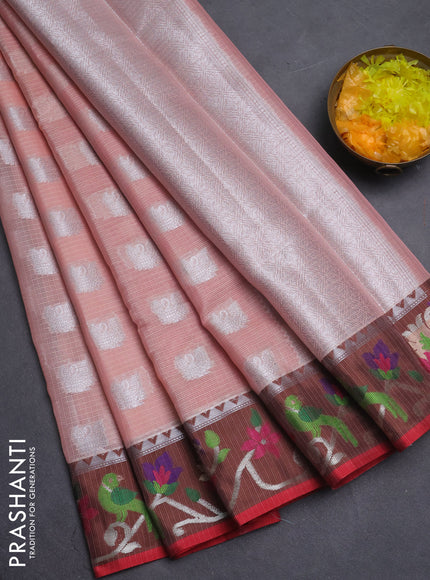Cotton zari kota saree pale orange and maroon with allover silver zari woven buttas and thread & zari woven border