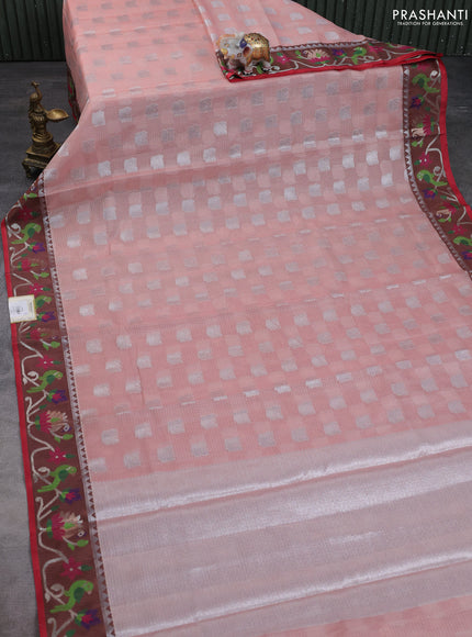 Cotton zari kota saree pale orange and maroon with allover silver zari woven buttas and thread & zari woven border