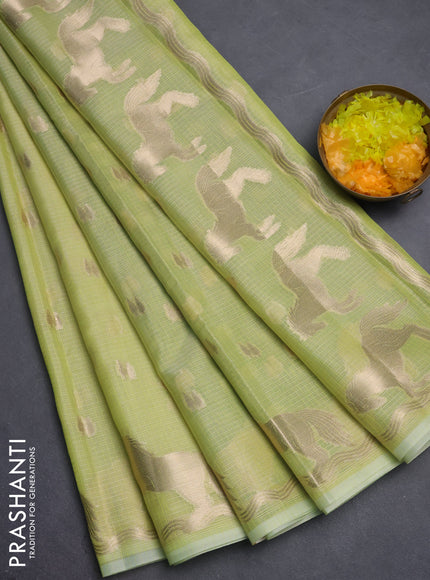 Cotton zari kota saree pista green with allover zari woven buttas and horse zari woven butta border