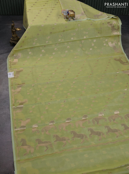 Cotton zari kota saree pista green with allover zari woven buttas and horse zari woven butta border