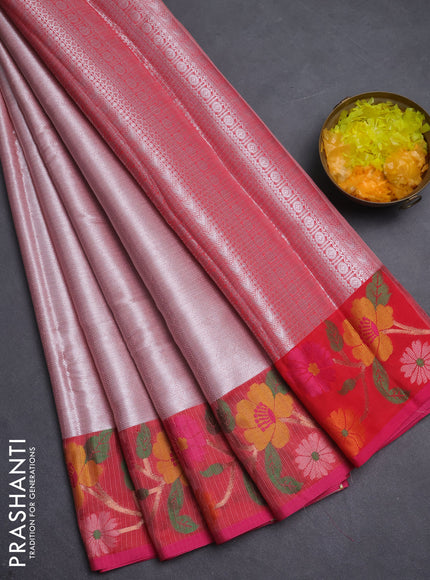 Cotton tissu zari kota saree pastel pink and pink with allover zari weaves and floral thread woven border