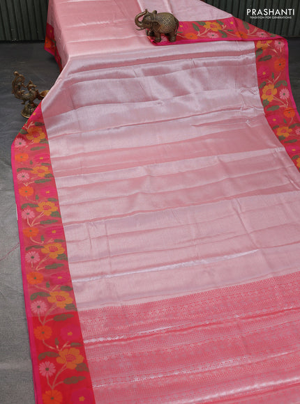 Cotton tissu zari kota saree pastel pink and pink with allover zari weaves and floral thread woven border