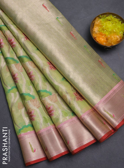 Cotton zari kota saree pista green and pink with allover floral zari weaves and zari woven muniya butta border