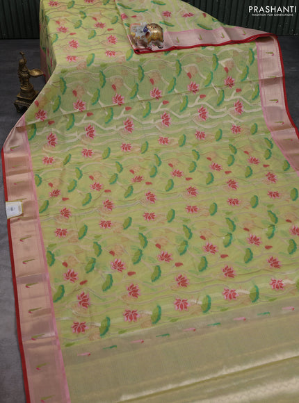 Cotton zari kota saree pista green and pink with allover floral zari weaves and zari woven muniya butta border