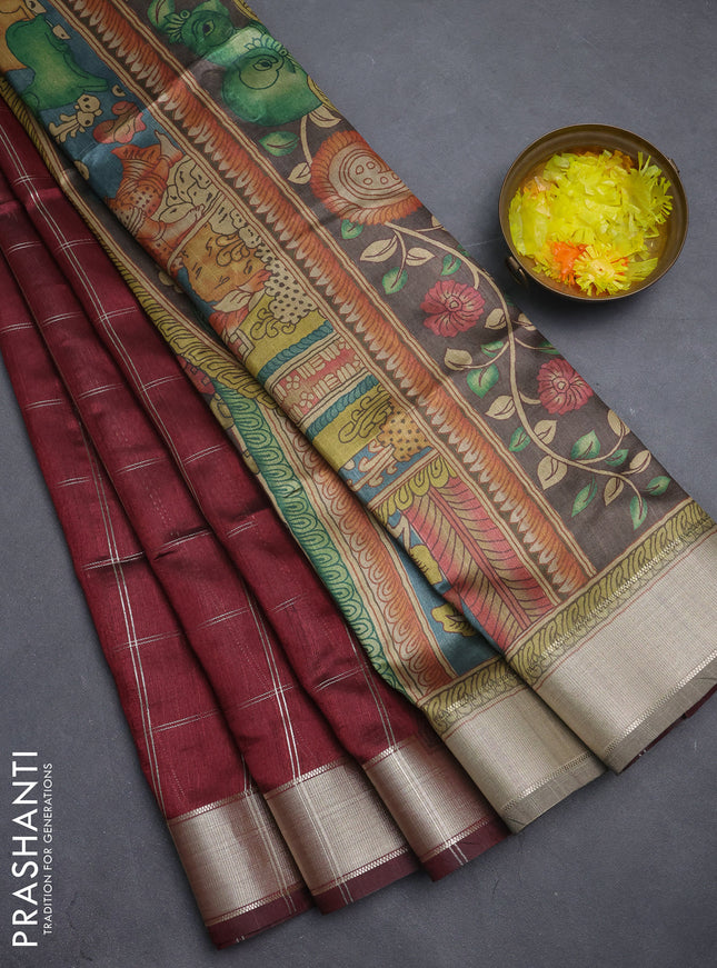 Semi dupion saree deep maroon with allover zari checks pattern and madhubani printed pallu & blouse