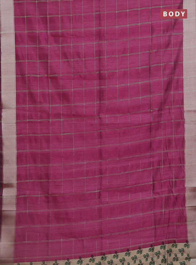 Semi dupion saree wine shade with allover zari checks pattern and madhubani printed pallu & blouse